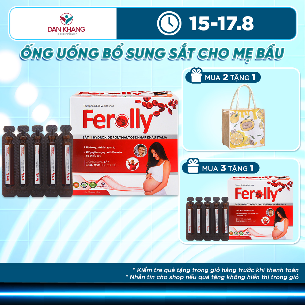 Ống Uống Ferolly Dân Khang Bổ Sung Sắt, Cải Thiện Tình Trạng Thiếu Máu Cho Mẹ Bầu Và Em Bé - Hộp 20 ống