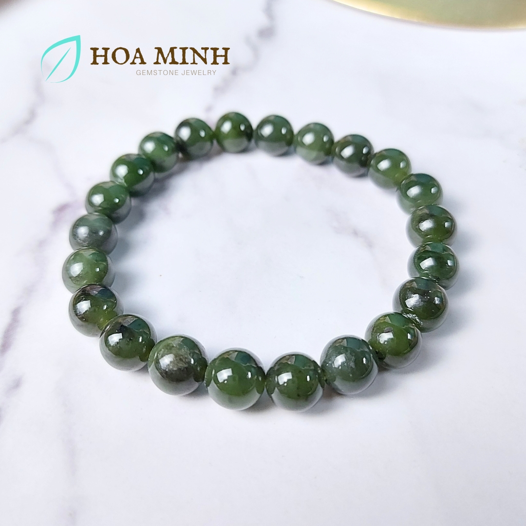 Vòng tay đá Ngọc Bích Nephrite tự nhiên xanh đậm size hạt 7.9 - 8.3 li không kén mệnh
