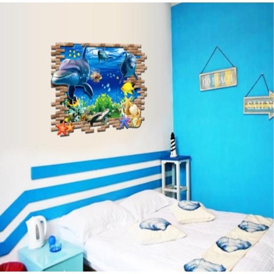 Decal trang trí tường - Cá heo bơi qua vách nứt tường