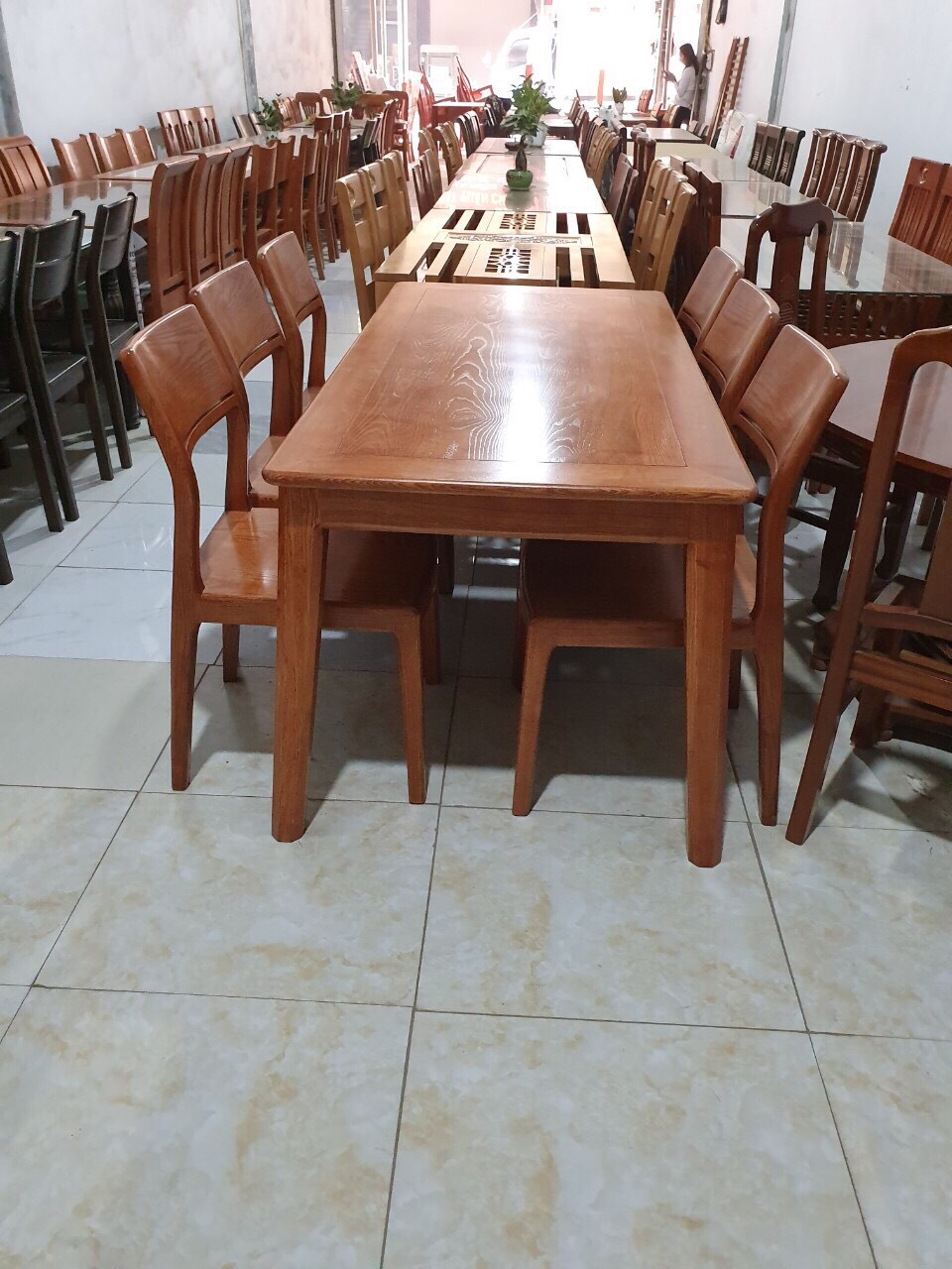 Bàn ghế ăn gỗ sồi cao cấp (bàn 160cm chân vuông +6 ghế một lá)