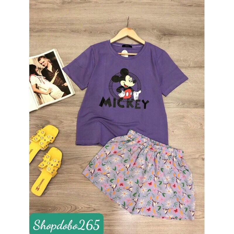 Đồ bộ nữ,đồ ngủ mặc nhà đùi áo thun cotton phối quần vải lụa size 45-57kg.