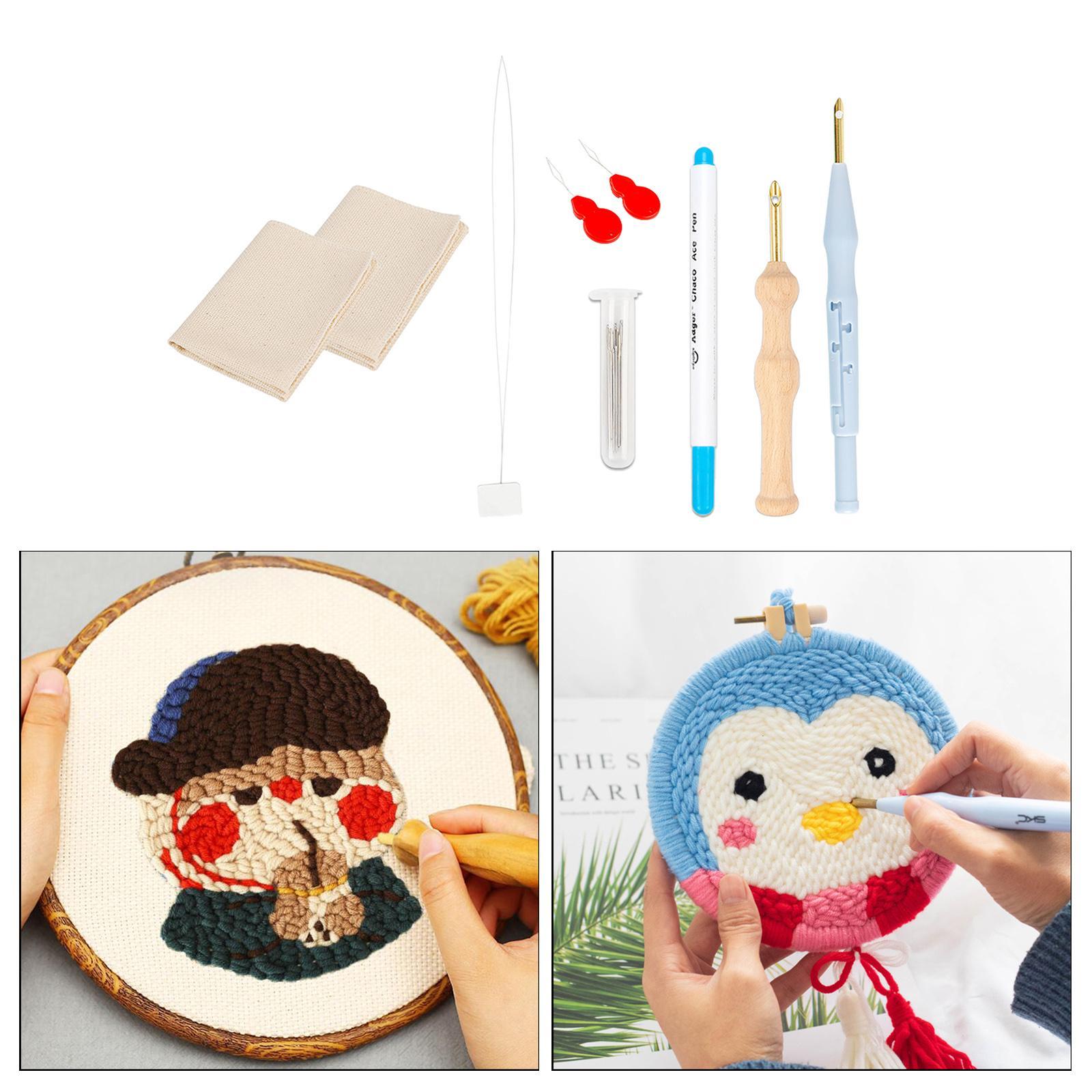 8 Pcs Punch Needle Embroidery Kits Rug Making Yarn Punch Needle, Poking Embroidery Pen, Needle Threader, Punch Needle Cloth for Cross Stitching