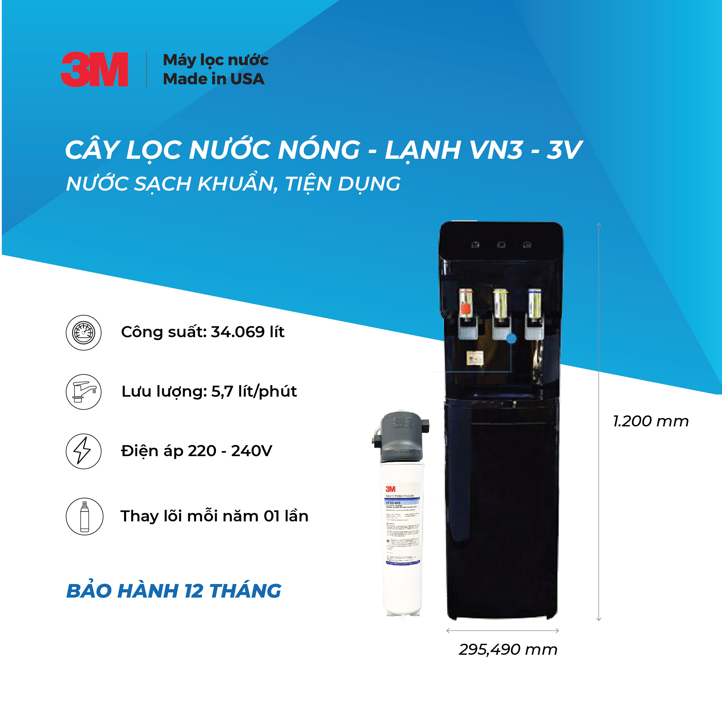 Cây Lọc Nước Nóng Lạnh 3 Vòi VN3-3V Màu Trắng (Sử Dụng 3M BREW 120-MS) - Hàng Chính Hãng