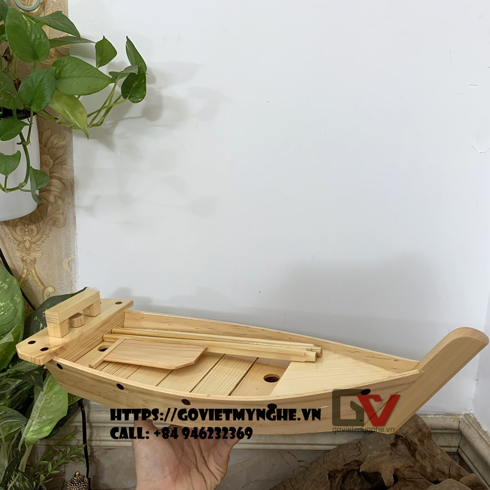 [Dài 43cm - 2 cột buồm] Khay gỗ đựng sushi - khay gỗ đựng sashimi hình con thuyền gỗ sushi - Gỗ thông tự nhiên