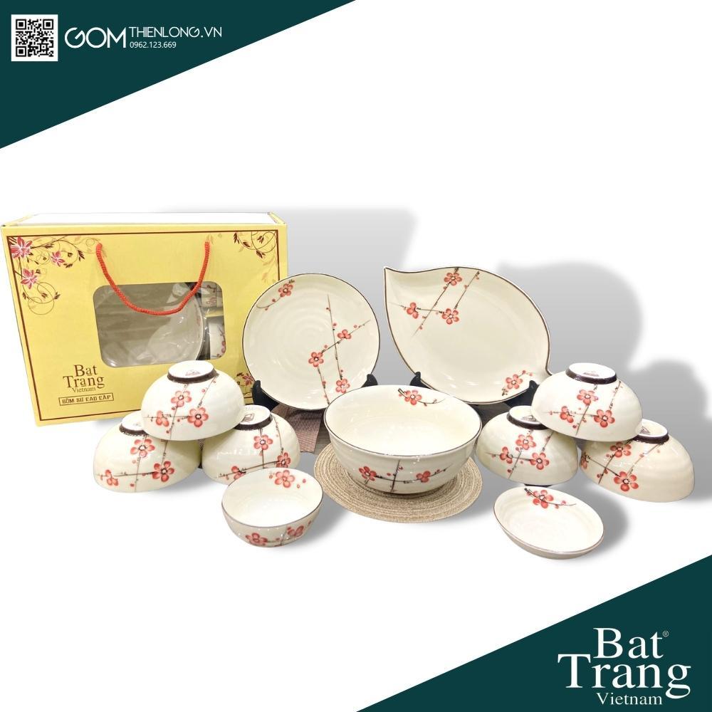 Bát Đĩa Quà Tặng Cao Cấp Vẽ Đào Đỏ - Bộ Bát Đĩa Bát Tràng - Gốm Thiên Long