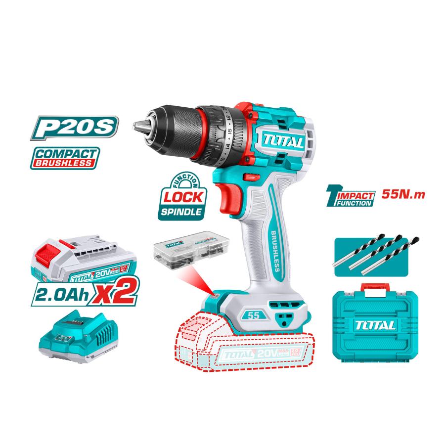 MÁY KHOAN BÚA KHÔNG CHỔI THAN DÙNG PIN 20V (KHÔNG KÈM PIN &amp; SẠC) 55NM TOTAL TIDLI205581 - HÀNG CHÍNH HÃNG