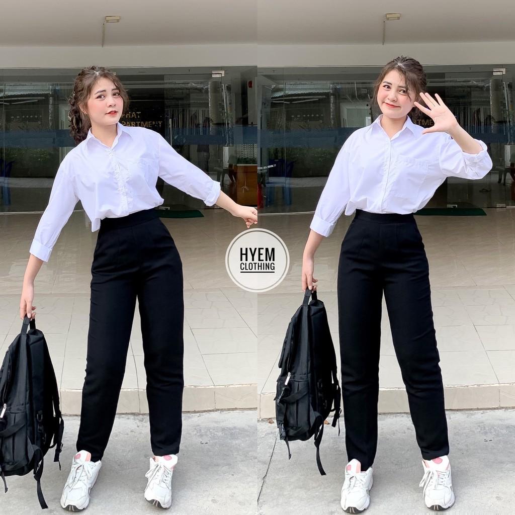 Quần Tây Nữ Lưng Thun Phía Sau Cạp Siêu Cao Dáng Baggy Suông Dài Basic Đi Học Công Sở Cao Cấp