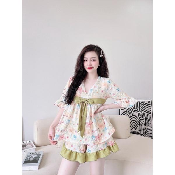 Đồ Bộ Nữ lụa xốp phối nơ ngực, vòng 1 &lt; 90cm, Freesize 40-65kg, tùy chiều cao