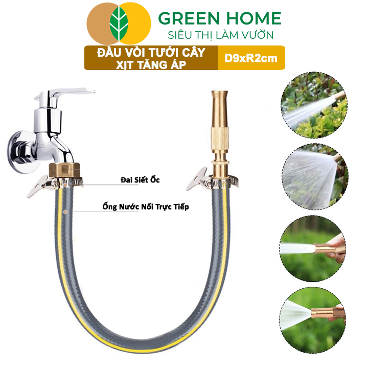 Đầu Vòi Xịt Tăng Áp GreenHome, D9xR1,5cm, Bằng Đồng, Dùng Tưới Cây, Rửa Xe, Rửa Sân Vườn