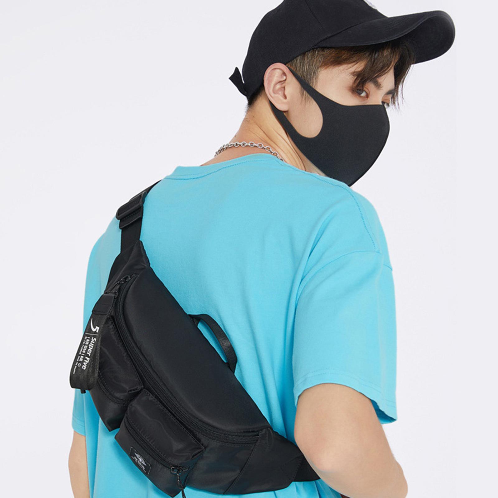 Women Men Black Waist Bag with Pocket Zip Adjustable Strap Multipurpose Belt Bag Shoulder Bag