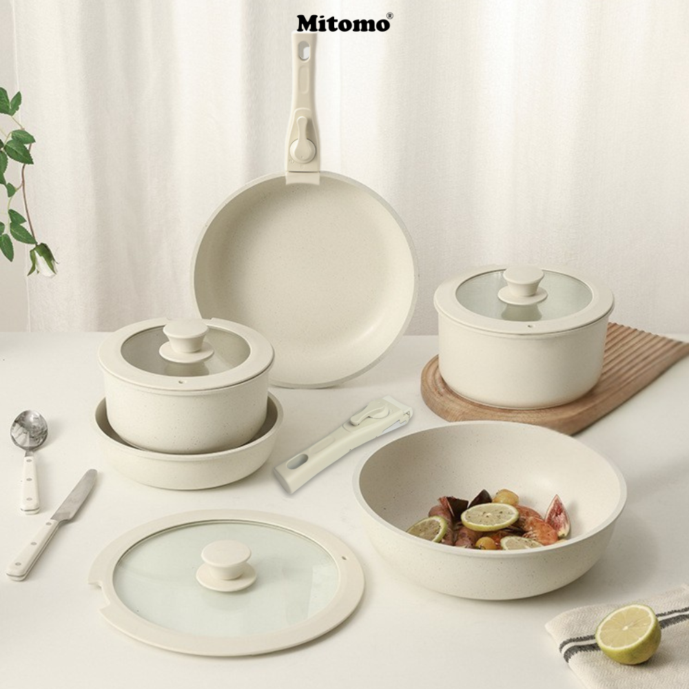 Bộ nồi chảo đá gốm Mitomo chống dính cao cấp 5 món có tay cầm tháo rời, dùng cho mọi loại bếp - Hàng chính hãng
