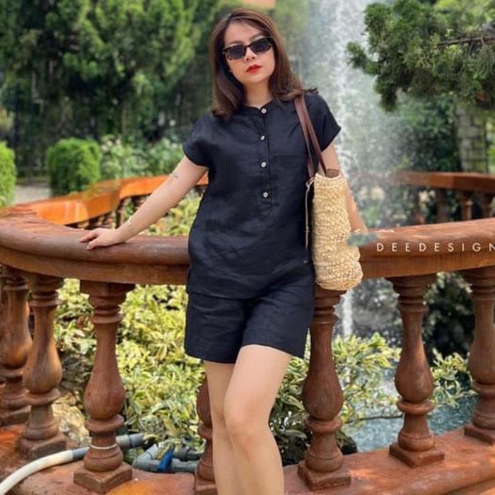 Set bộ đi chơi linen cổ tầu kèm quần short trẻ trung, thời trang phong cách trẻ
