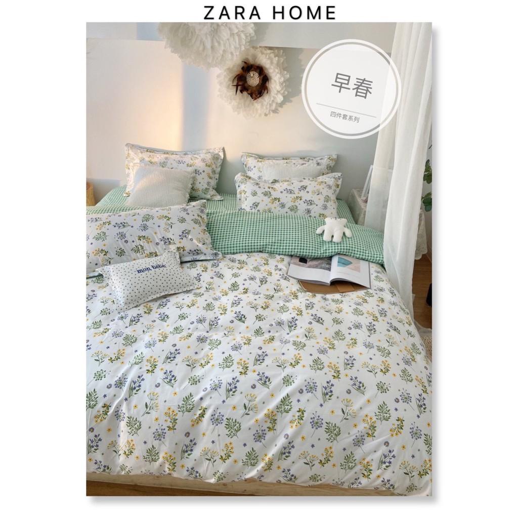 Bộ chăn ga gối Cotton poly M2T Bedding Hoa nhí phối xanh lá, vỏ chăn mền, drap nệm và 2 vỏ gối
