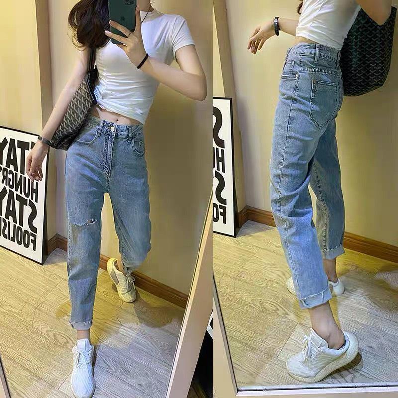 Quần jean dài phom Baggy / boyfriend co dãn mạnh, lưng cao, màu xanh đá hottrend