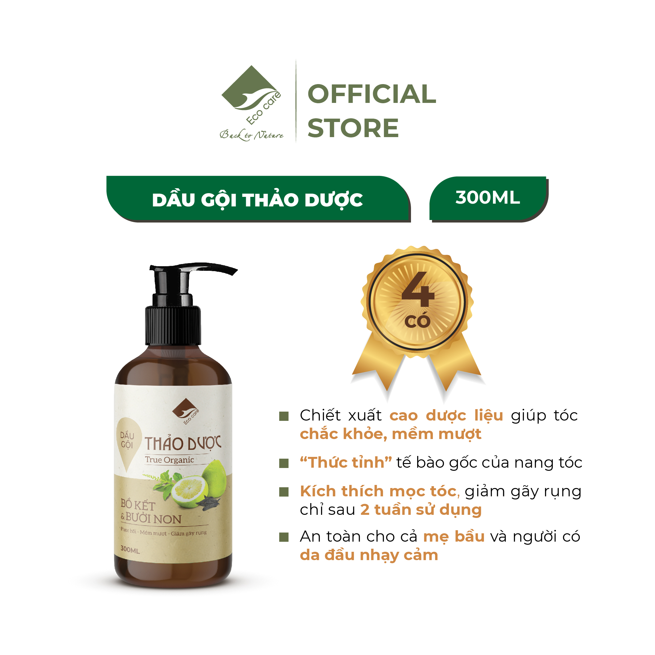 Dầu gội thảo dược ECOCARE 300ml đạt chuẩn CGMP, dầu gội xả thảo mộc giúp sạch gàu, giảm rụng tóc