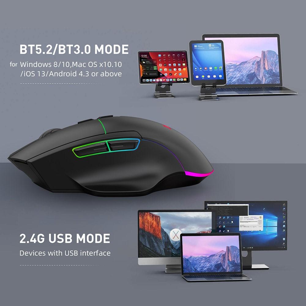 Chuột Không Dây 2.4G Sạc Ba Chế Độ Bluetooth-Tương Thích 5.2 Chuột Thở Ánh Sáng 3 DPI Có Thể Điều Chỉnh Cấp Độ Cắm chơi