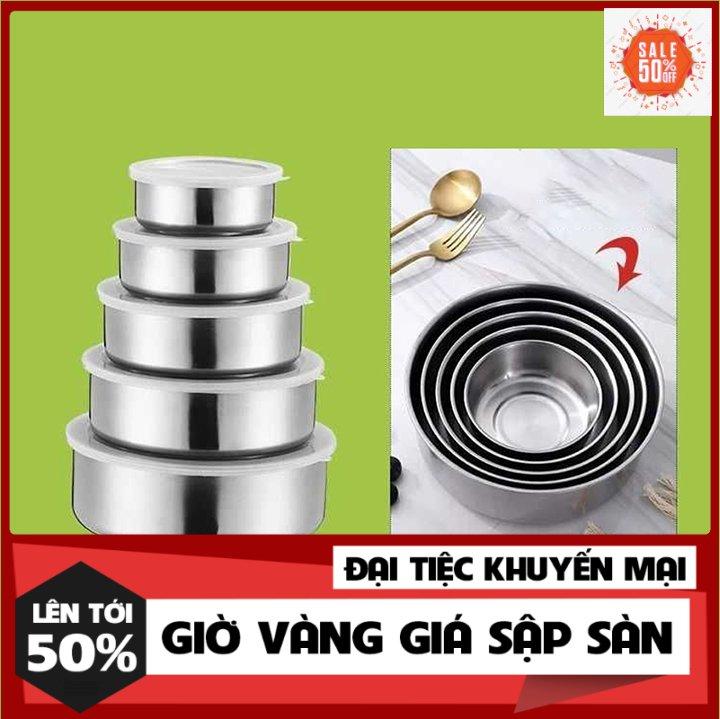 Combo 5 bát inox có nắp đậy silicon, bộ thố inox không gỉ đủ size bền đẹp