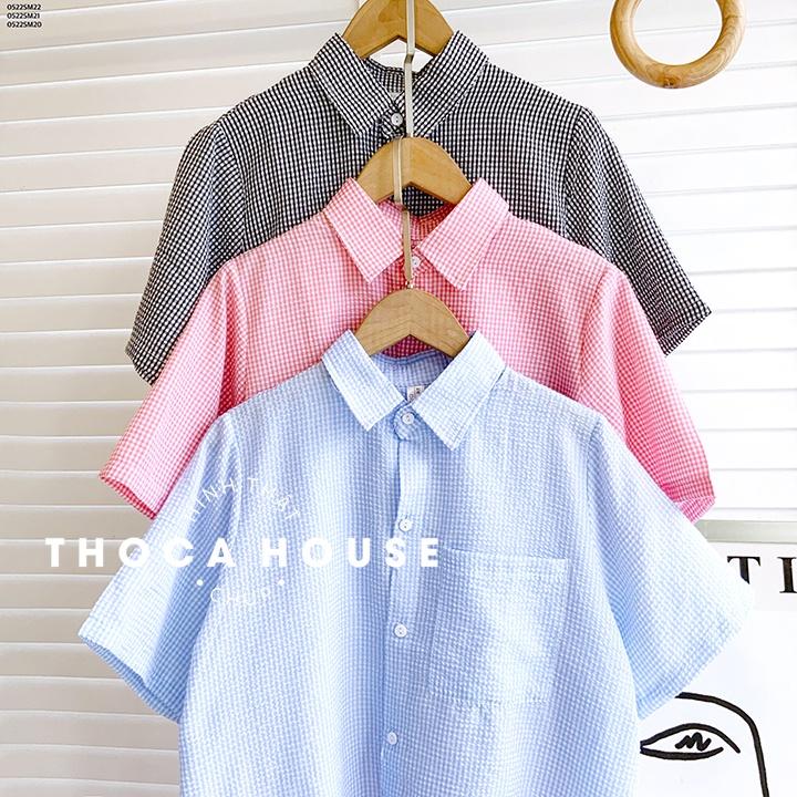 Áo sơ mi tay ngắn caro xẻ tà sau caro hồng, xanh biển, đen THOCA HOUSE năng động, kiểu cách trendy