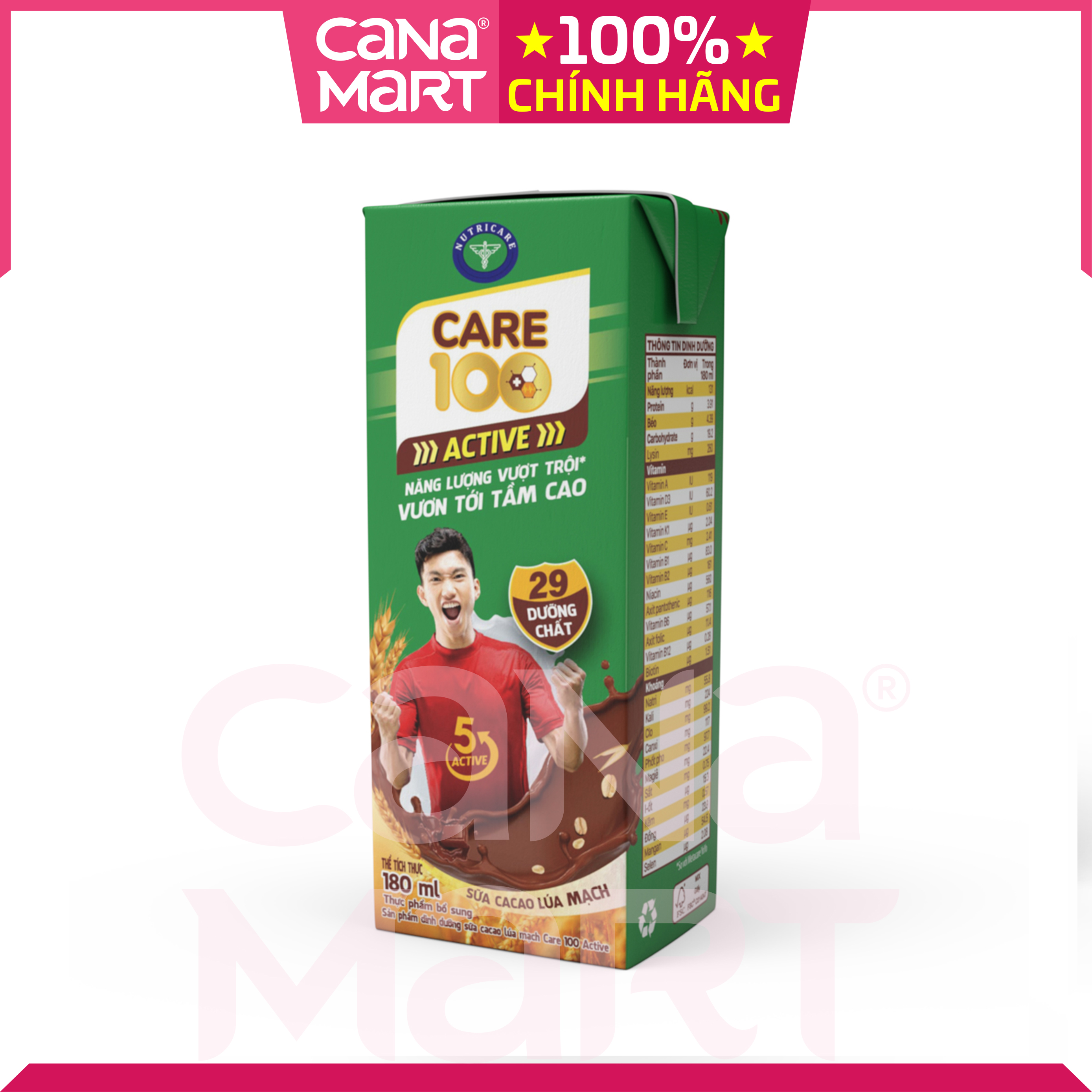 Thùng sữa nước ca cao lúa mạch Nutricare Care 100 Active giúp trẻ phát triển chiều cao (180ml)