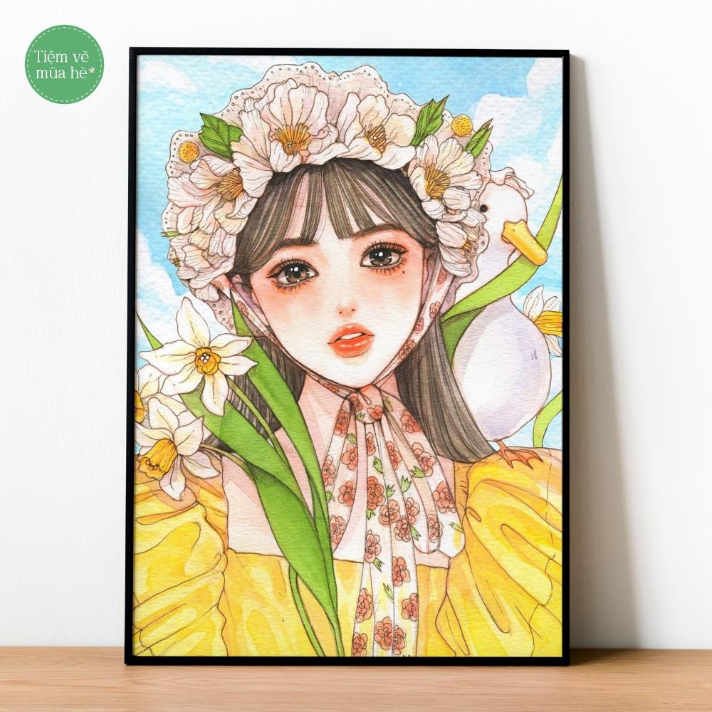 Tranh số hóa - Cô gái hoa đã căng khung 40x50cm 27 màu