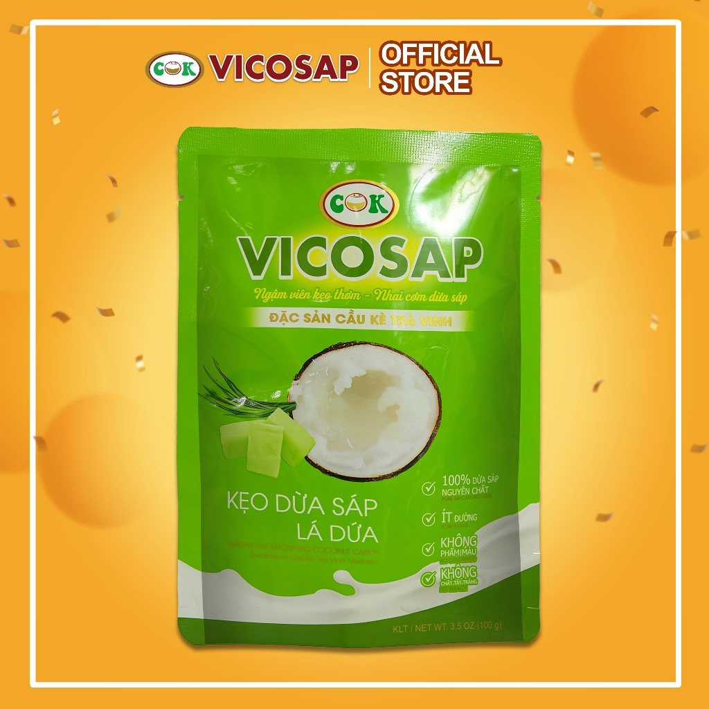 Kẹo Dừa Sáp Vicosap vị lá dứa 100g, 500g, 1kg kẹo làm từ dừa sáp- Đặc sản Trà Vinh- VICOSAP