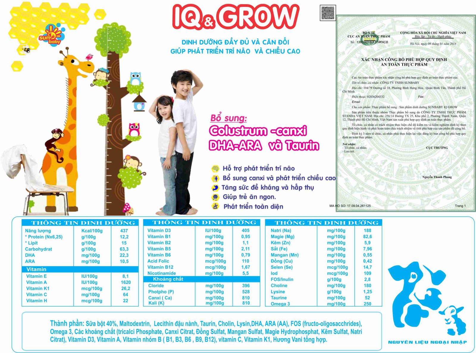Sữa bột công thức dinh dưỡng IQ GROW cho trẻ thấp còi từ 12 tháng tuổi Sunbaby SBTC2019