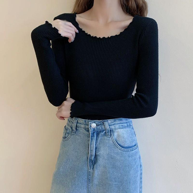 Áo Sweater Dệt Kim Tay Dài Cổ Tròn Phong Cách Hàn Quốc