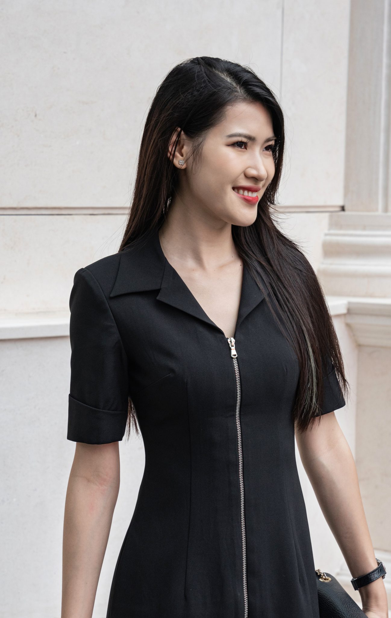 Đầm chữ A kéo khóa kim loại thân trước Phelan thiết kế cao cấp WHITE CHIC