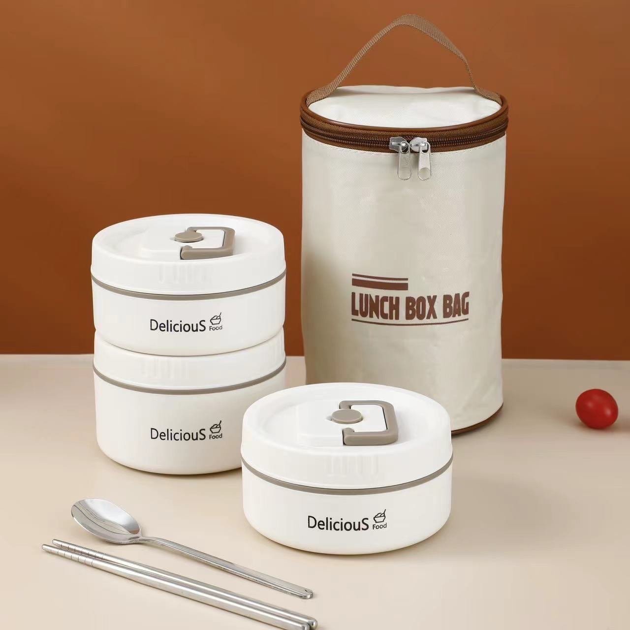 Hộp Cơm 3 Tầng Lunch Box Kèm Muỗng Đũa Và Túi Đựng Tiện Lợi