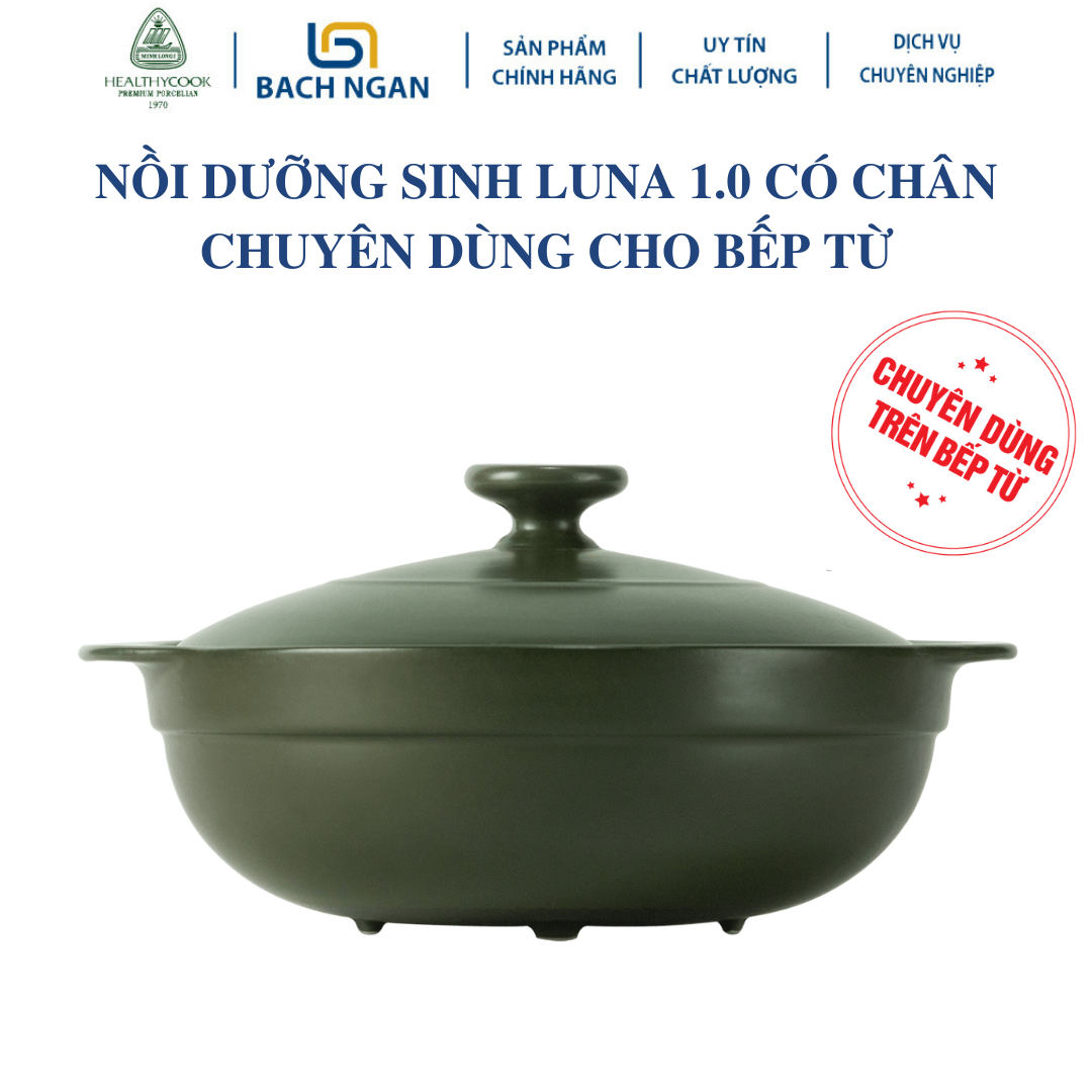 Nồi Sứ Minh Long - Luna 1.0L - Xanh rêu - (Bếp Từ) có nắp, thích hợp kho cá, hầm cháo, luộc rau củ - tốt cho sức khỏe