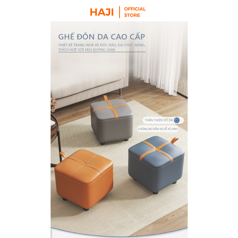 Ghế đôn sofa bọc da hình hộp chống thấm nhiều màu lựa chọn trang trí phòng khách sang trọng HAJI E16