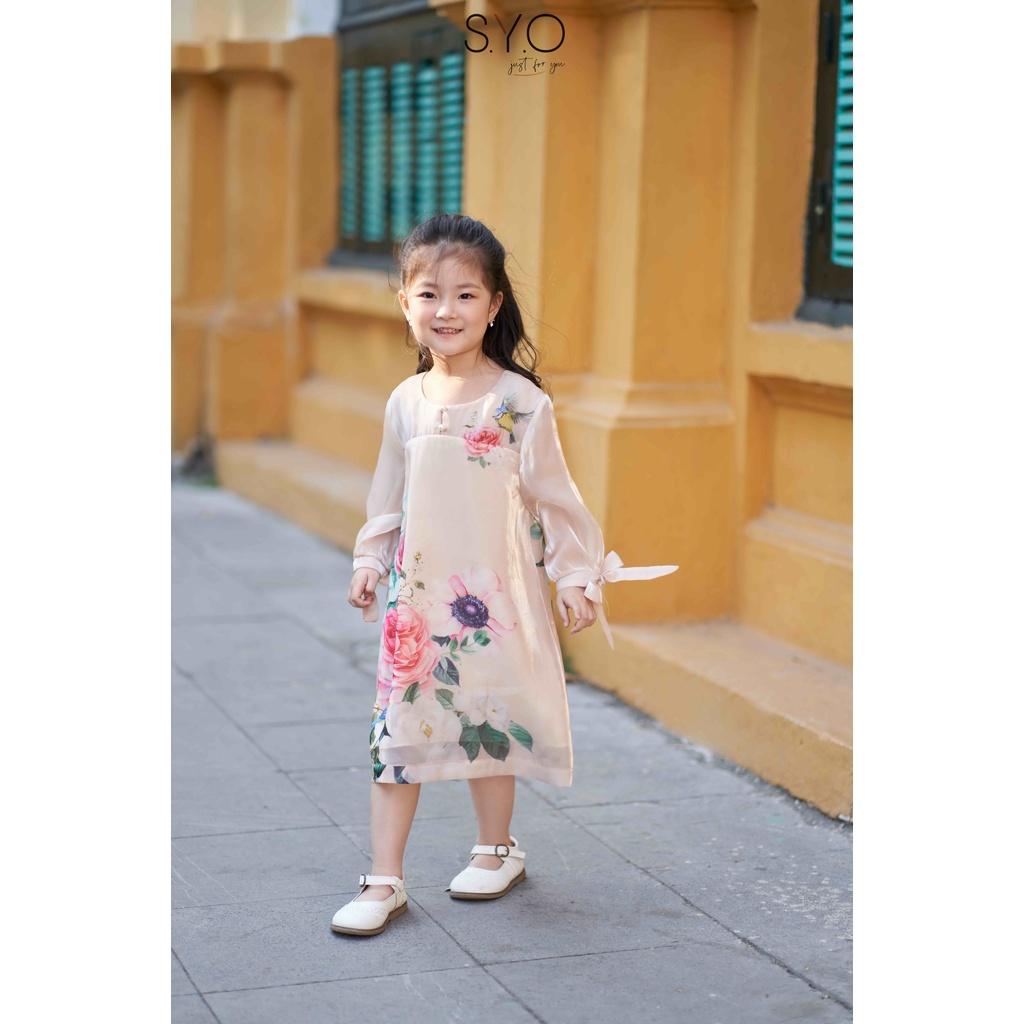 Đầm kid cổ tàu tay bồng in hình hoa hồng ohara màu be SYO A5009