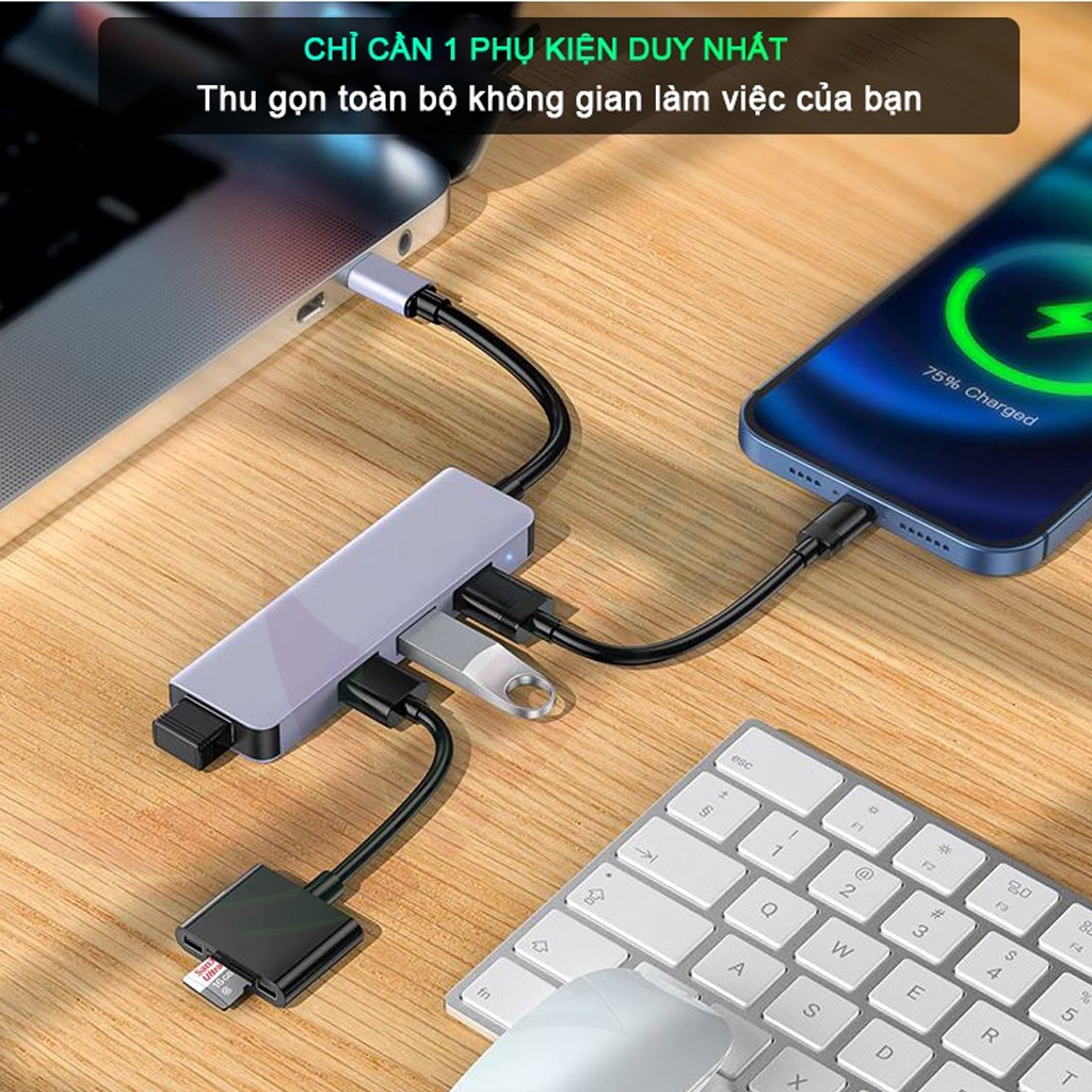 Hub Type C Và Hub USB 3.0 Tốc Độ Cao 4 Cổng Vinetteam 2013U/2013T Cáp Chuyển Đổi Dành Cho Macbook Pro Laptop PC Hỗ Trợ Sạc Pin Kết Nối Đa Năng Ổ Cứng Bàn Phím Chuột Máy In, Thiết Bị Chia Cổng USB - Hàng Chính Hãng