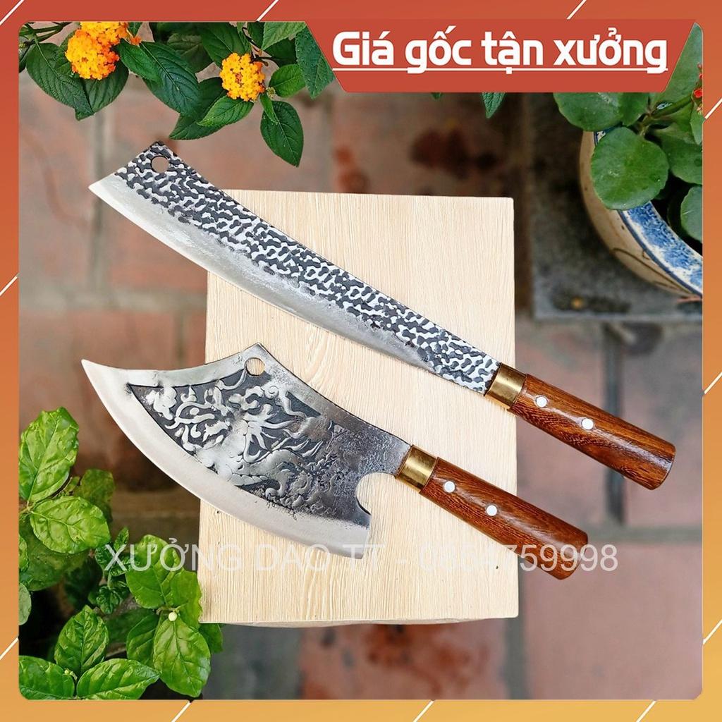 Combo 2 Dao Chặt Cây, Chặt Xương, Rèn Từ Nhíp Ô Tô - Dập Vân 2 Mặt