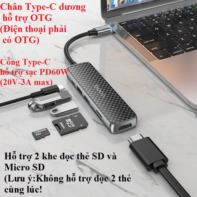 Hub / Bộ chia cổng Type-C đa năng 6 in 1 cho laptop HOCO HB24 - Hàng chính hãng