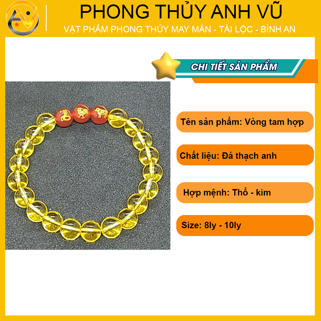 Vòng thạch anh vàng tam hợp tỵ dậu sửu đã khai quang - size 8 10ly - may mắn tài lộc - Vòng Tam Hợp Anh Vũ