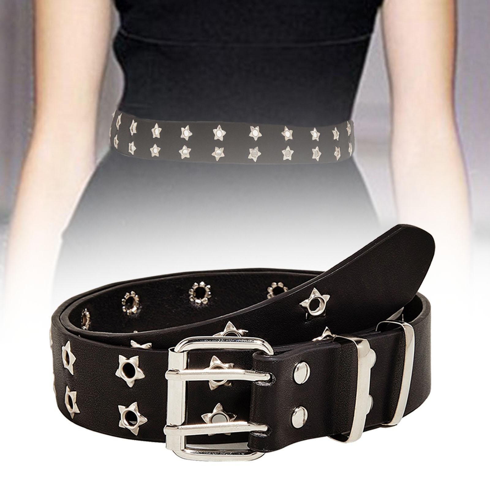 Fashion Women Leather Belt Double Grommet Belt Metal Buckle Gothic Punk Belt Adjustable