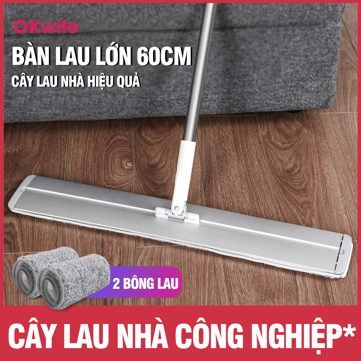 Cây lau nhà công nghiệp bằng nhôm, bàn lau lớn 60cm lau nhà nhanh và sạch - OKwife MAX60