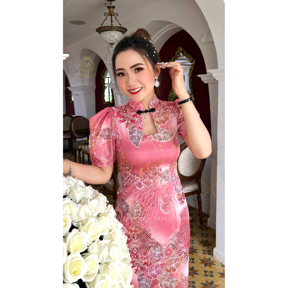 Sườn Xám Cổ Tàu Trung Hoa Lụa Ánh Kim Tone Hồng Sang Trọng Mia Dress