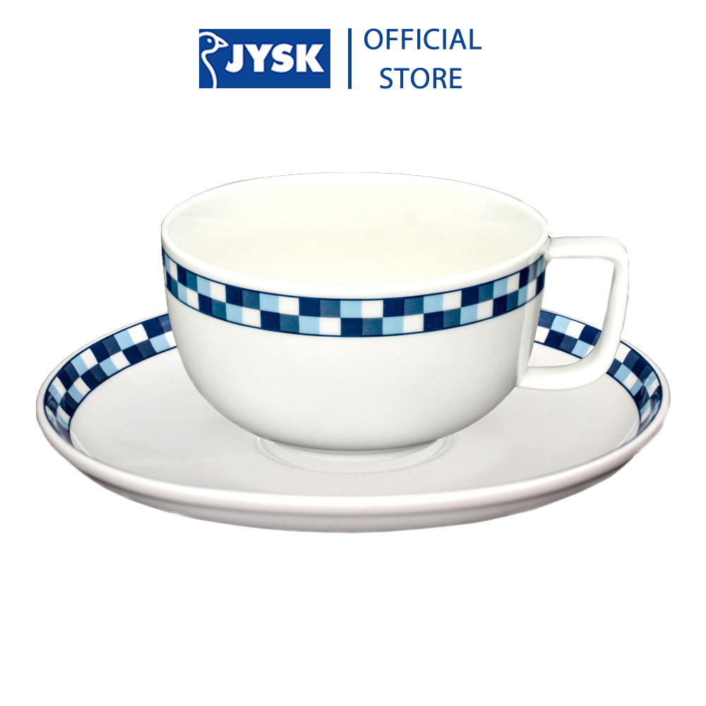 Bộ tách trà | JYSK Check | sứ trắng viền xanh | D13xR10xC6cm/ DK16.5xC2cm | 280ml