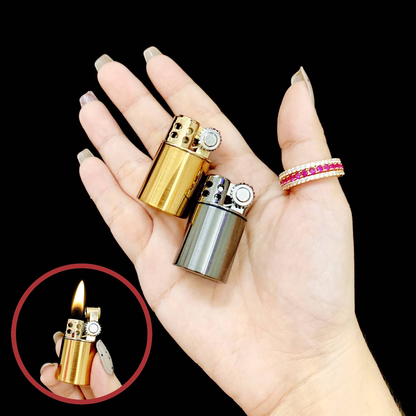 Hộp quẹt bật lửa xăng đá cổ hình trụ mini lùn kim loại -