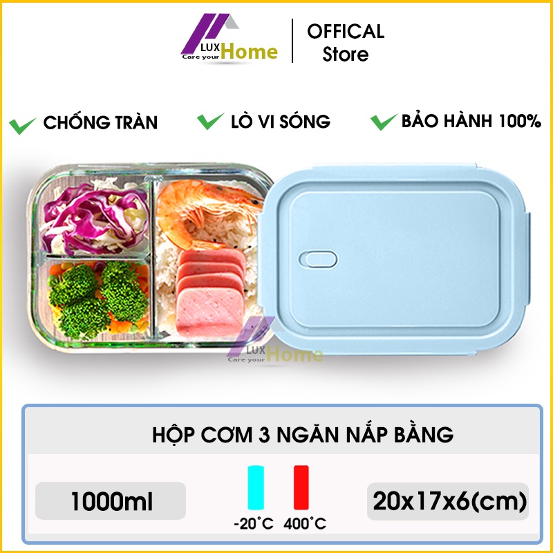 Hộp đựng cơm văn phòng bằng thủy tinh 1000ml 3 ngăn chống tràn dùng cho lò vi sóng