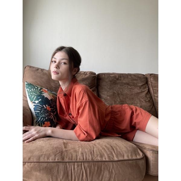OLALASTUDIO Set áo sơmi tay ngắn quần đùi có túi Devina linen