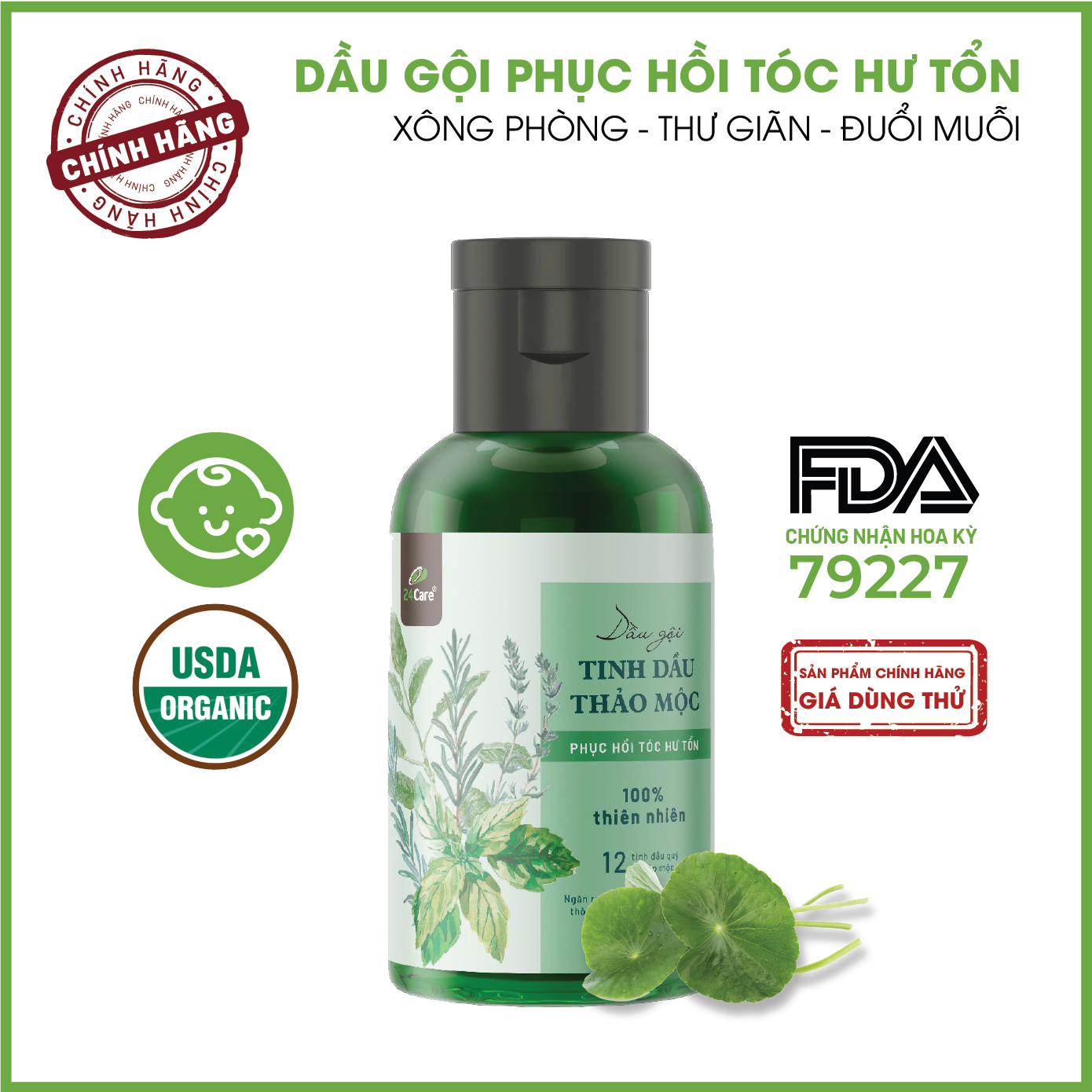 Dầu gội Tinh dầu thảo mộc Phục hồi tóc hư tổn 24Care - Dành cho Nam - chiết xuất từ tinh dầu thiên nhiên