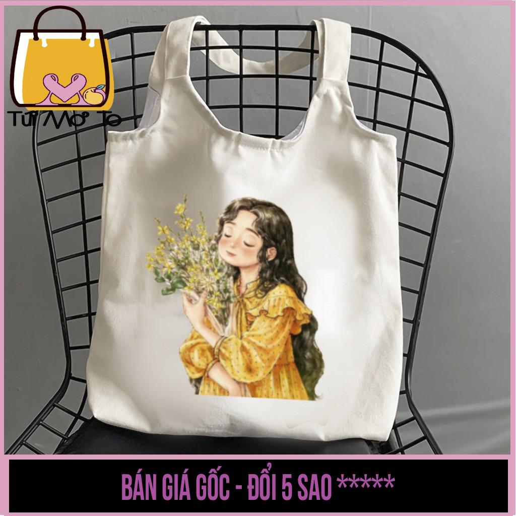 Túi Tote canvas quai tròn có khóa kéo in hình cô gái ôm hoa - Túi Mơ To store