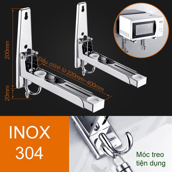 Giá để lò vi sóng loại treo tường bằng inox 304, có móc treo, có thể gấp gọn