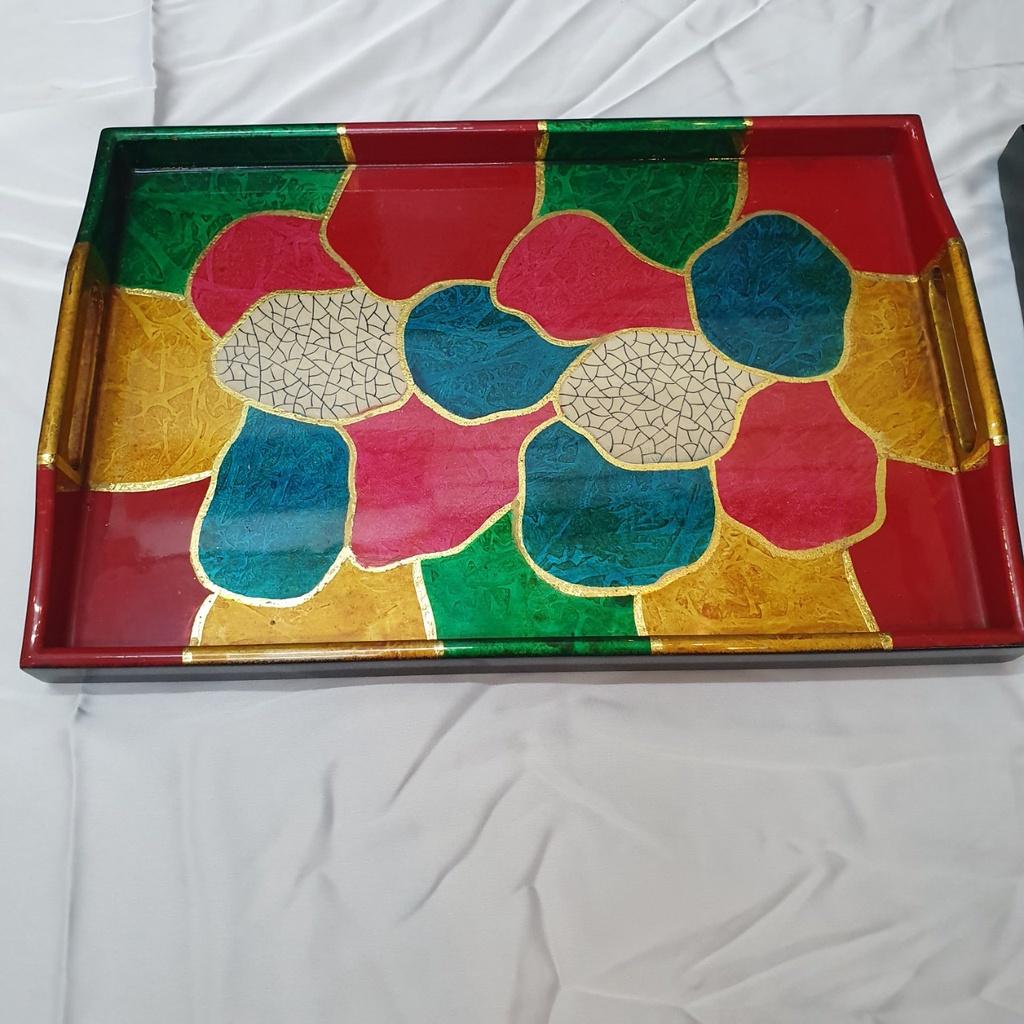 Khay gỗ sơn mài cao cấp Thanh Bình Lê vẽ cô gái, hoa đào, họa tiết phong phú size 17.5x20.5x4 cm đẹp mắt, sang trọng