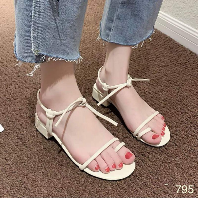 Hàng Quảng Châu - Sandal xỏ ngón quai mảnh da mềm, dây tự buộc độc đáo, đế cao 3cm, 2 màu Đen + Kem - Mã S09