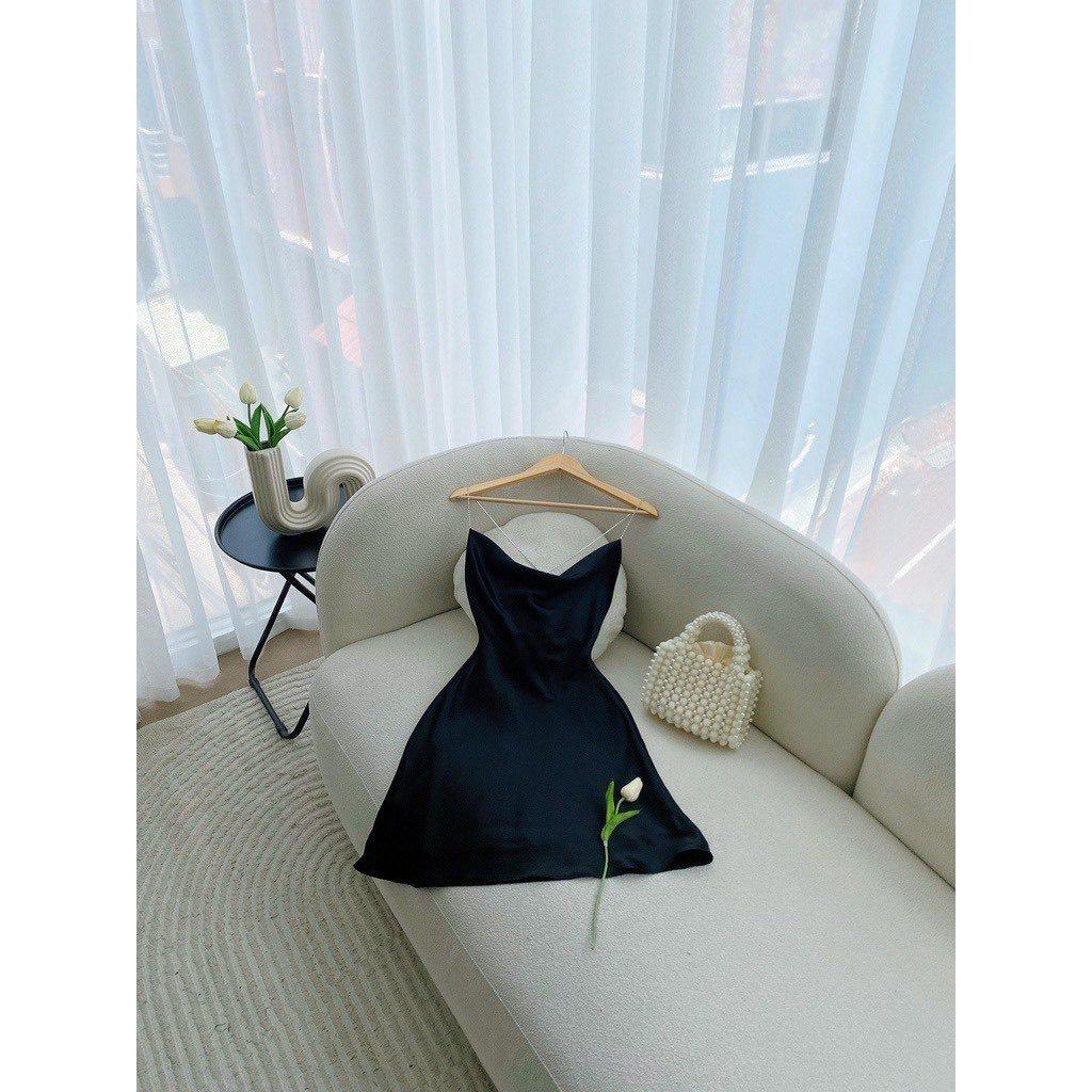 Đầm Hai Dây Hở Lưng Lụa PINKSTORE29, Dáng Ngắn Cổ Đổ Quyến Rũ D091