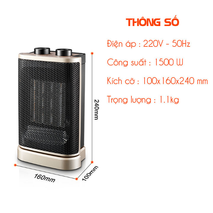 Máy sưởi điện mini công suất 1500W, tự ngắt khi nghiêng đổ - Hàng chính hãng